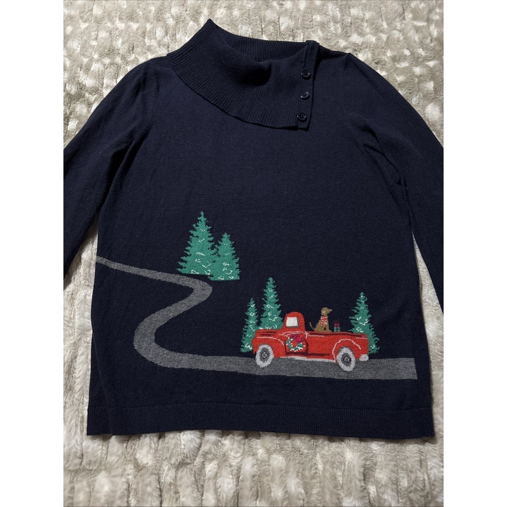 Talbots LambsWool Blend Turtleneck Sweater Navy Christmas Red Truck Large Petite